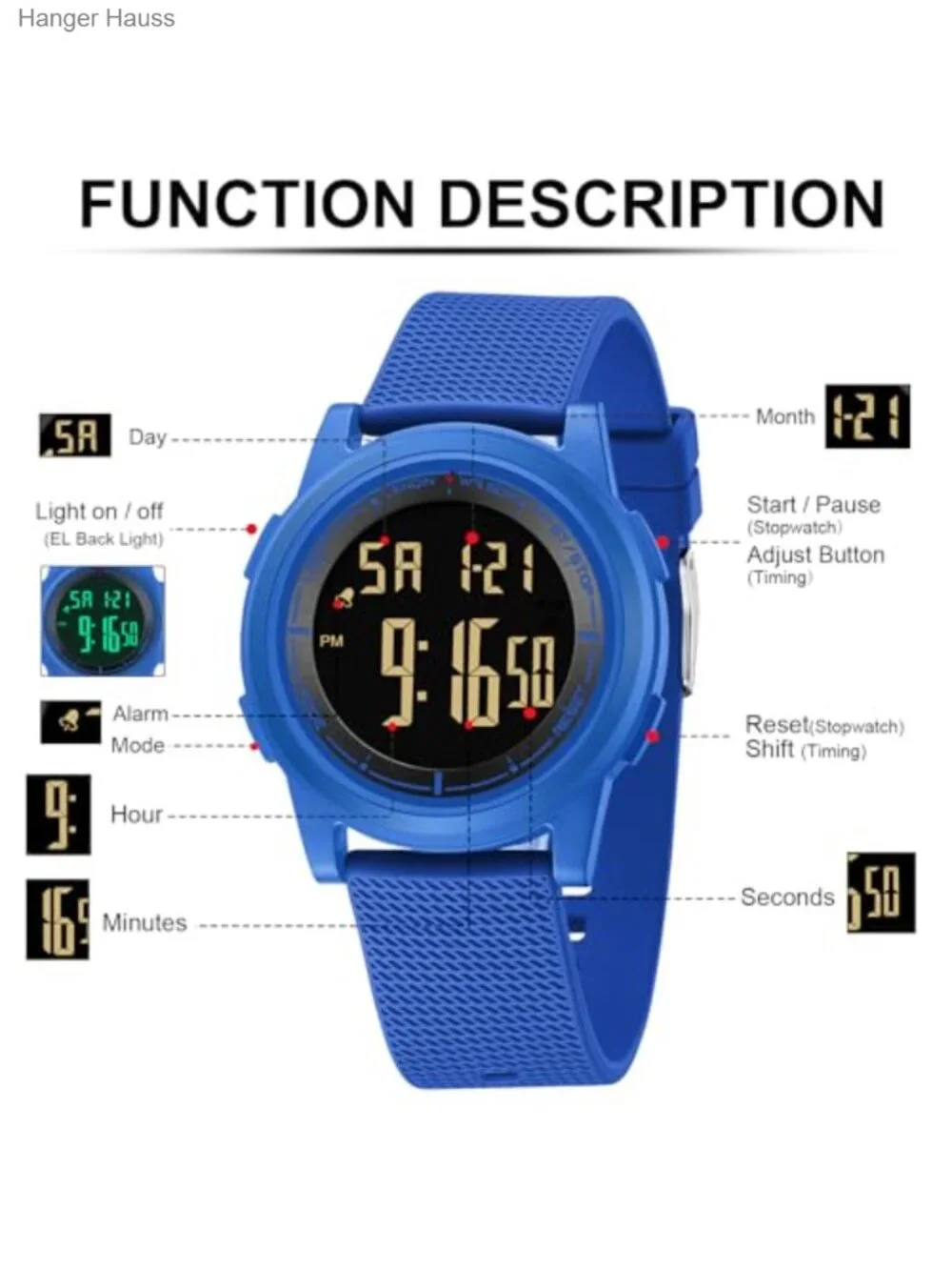 Ultra Thin Sports Digital Watch with LED Light and Stopwatch - Waterproof 3ATM